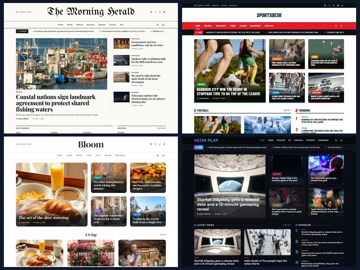 WordPress theme for newspapers and magazines, showing four of its designs